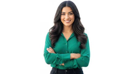 A confident young professional woman with long dark wavy hair smiling and standing with her arms crossed isolated on transparent background