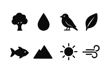 Obraz premium Simple nature icons collection featuring trees, water, animals, and weather symbols