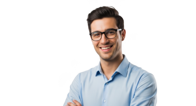 Smiling young man wearing glasses and a light blue collared shirt with arms crossed isolated on transparent background