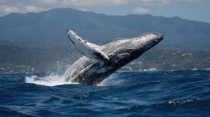 Naklejka premium A humpback whale leaps gracefully from the water showcasing its massive body and fluke surrounded by waves.