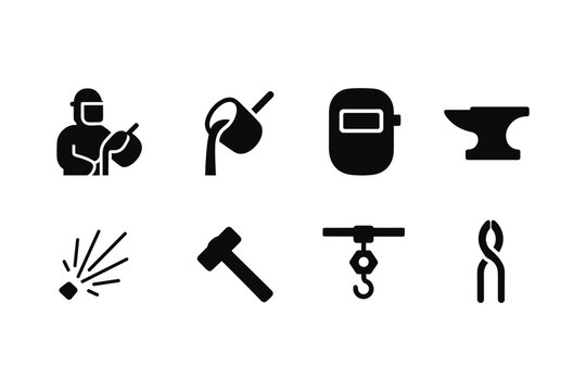 Silhouette icons of metalworking and welding tools for industrial design projects