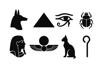 Ancient egyptian symbols set: anubis, pharaoh, eye of horus, scarab, and more