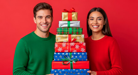 Smiling couple in festive sweaters holding a tall stack of beautifully wrapped Christmas gifts against a vibrant red background, embodying holiday cheer and celebration spirit