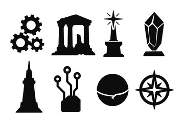 Fototapeta premium Silhouette icons set featuring ancient ruins, crystals, compass, and technology