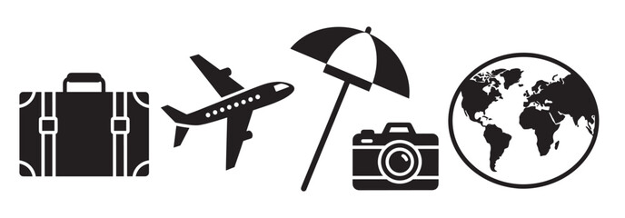 Black silhouette icons of a suitcase, airplane, umbrella, camera, and globe symbolizing travel and exploration.