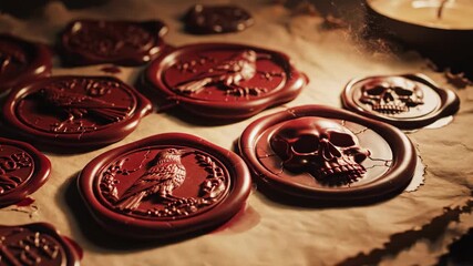 Collection of Mysterious Red Wax Seals with Skull Designs on Parchment. - Powered by Adobe