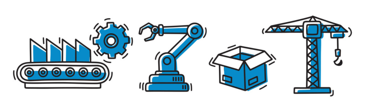 Industrial icons including a conveyor belt, gear and robotic arm, cardboard box, and crane symbolizing manufacturing and logistics.