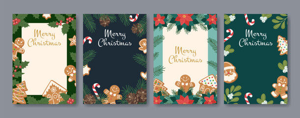 Set of Christmas cards with gingerbread houses, men, christmas tree cookies, holly, mistletoe, fir branches and poinsettia.