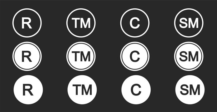 Trademark and copyright protection vector icon set &mdash; intellectual property law and branding symbol illustration