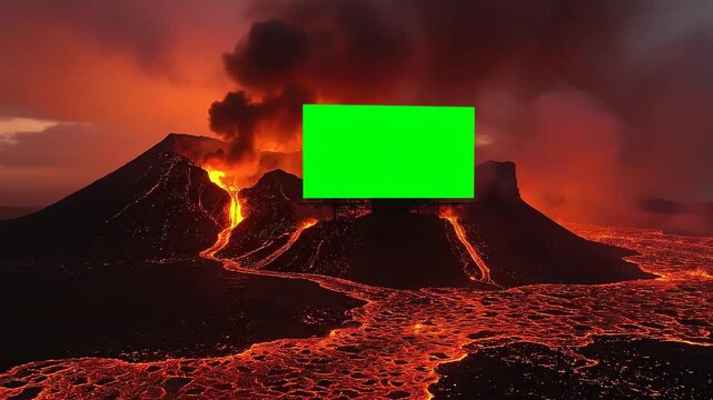 A green screen superimposed over an active volcano erupting with glowing lava flows