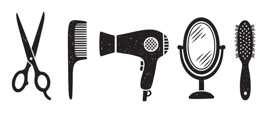Black outline vector icons of scissors, comb, hairdryer, mirror, and brush, representing essential hairdressing tools.