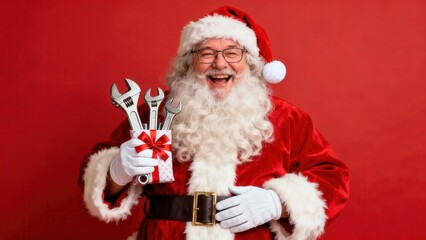Jolly Santa Claus holding adjustable wrenches tied with festive gift ribbon on solid crimson background for hardware store holiday campaigns and automotive industry Christmas promotions