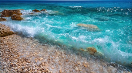 Obraz premium Calm waves roll over rocks and pebbles on a sunlit tropical beach inviting relaxation and joy.