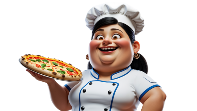 Funny 3D cartoon fat woman chef with pizza isolated in transparent