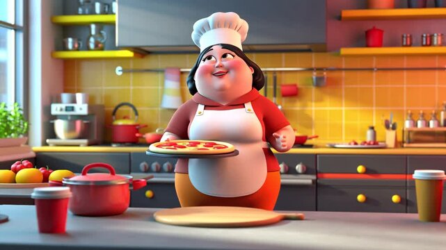 Funny 3D cartoon fat woman chef with pizza in kitchen