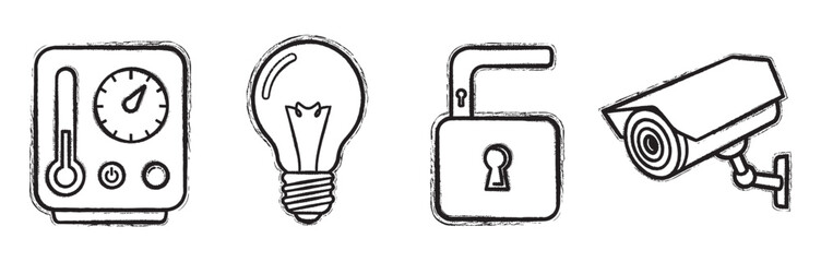 Hand-drawn black outline icons of a thermostat, a light bulb, an unlocked padlock, and a security camera, representing home safety and energy concepts.