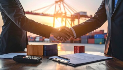Business handshake at cargo port during sunset symbolizing partnership, trade and global logistics, reflecting cooperation, trust and economic development