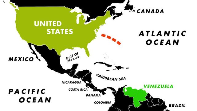 4K Animation Of USA And Venezuela Conflict Map Showing Dotted Line Connection Across Caribbean Sea Region Representing Geopolitical Tension And War Concept