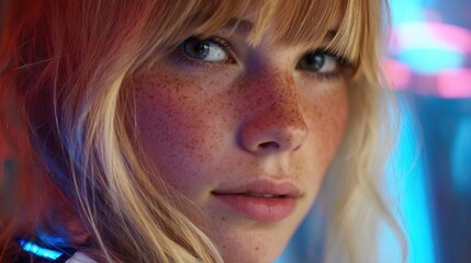 A young woman with striking freckles gazes intently surrounded by vibrant glowing lights.