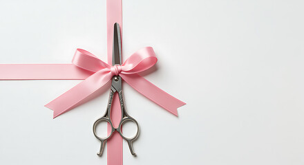 Silver Scissors Tied with Pink Ribbon Bow on White Background