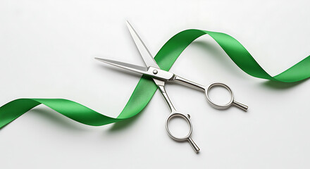 Silver scissors cutting green ribbon on white background