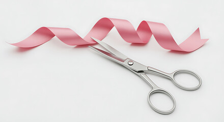 Pink ribbon being cut by silver scissors on white background