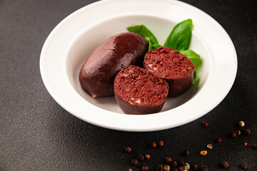 Black pudding blood sausage dish natural product tasty snack fresh delicious gourmet food background on the table rustic top view copy space