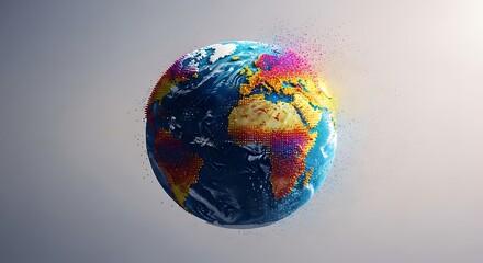 Fototapeta premium Vibrant earth globe disintegrating into colorful particles, representing environmental concerns, global issues, and the interconnectedness of life