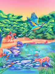 tropical landscape and animals