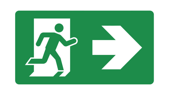 A green emergency exit sign with a running figure and an arrow.