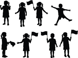 Obraz premium Children holding flags silhouettes, kids waving banners, celebration, freedom concept, national day, patriotic activity, outdoor event, happiness, teamwork, unity, childhood joy