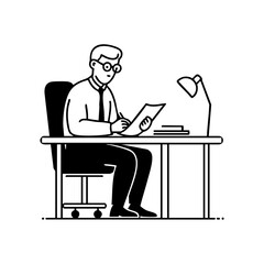 Businessman reviewing documents at his desk under a lamp, symbolizing finance, analysis, and professional office work.