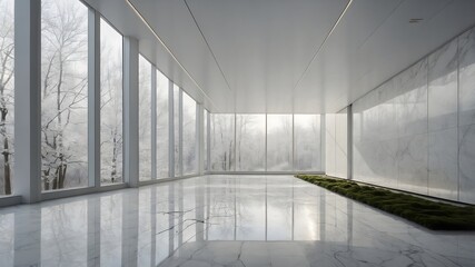 Interior minimalista de mármol blanco con luz natural y detalle de jardín lineal