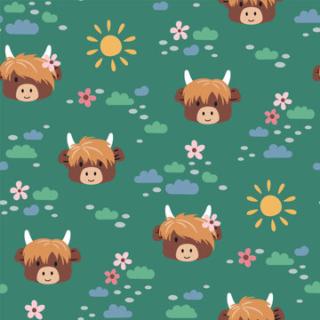 Cute Highland cows seamless children's fun farm pattern