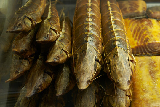 Smoked sterlet and sturgeon balyk behind a glass display case at a fish market. Close-up.