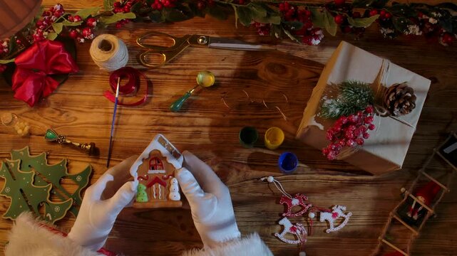 Top view of Santa's gloved hands creating festive decorations with paint, ribbons, and scissors next to a wrapped gift on a rustic wooden table.