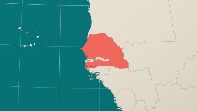 Senegal map. Animated zoom into the country on the Globe in Teal Pale Mint color palette. Country logo animation. Map with meridians, parallels. Creative video.