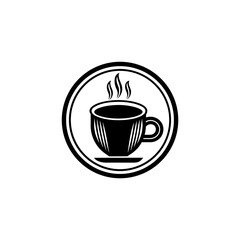 Classic black and white emblem of a steaming coffee cup on a saucer
