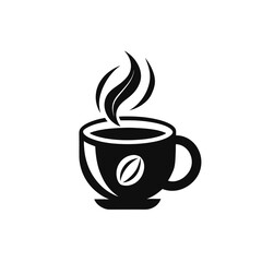 Stylized black silhouette of a steaming coffee cup with a coffee bean emblem