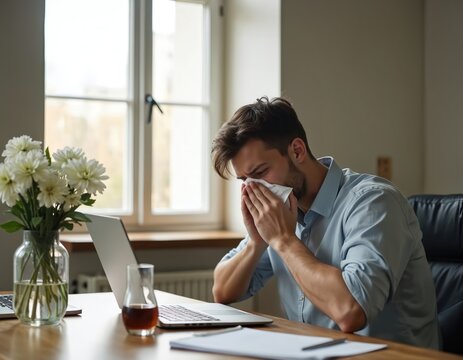 Sick man with runny nose blows his nose with tissue paper at his desk. He is working on his laptop and looks unwell in the office. He has flowers and a drink nearby.