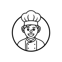 Stylized line art icon of a happy chef wearing a toque and uniform in a circle