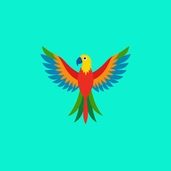 Vibrant macaw parrot with wings spread wide in a stylized flat design illustration