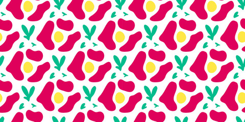 Cute seamless pattern with bold stylized leopard rose flowers on white background.