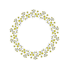 Cute round frame with doodle canola rapeseed floral twigs isolated on white background.