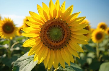 Yellow sunflower field under clear blue sky. Bright sunlit petals and green leaves on tall plants. Rural landscape with blooming flowers in summer season.