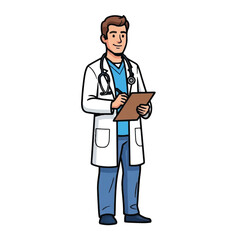 Fototapeta premium Cartoon Doctor Illustration with Clipboard in a White Coat