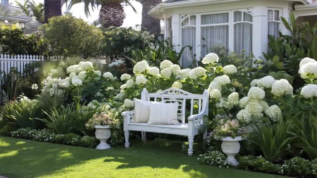 A serene sunlit garden featuring blooming white hydrangeas a decorative bench and lush foliage