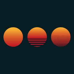 Sunset icon. Orange sun symbol. Black background design. Dot pattern detail.