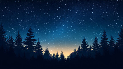 Christmas night sky with stars over pine trees in a serene forest landscape