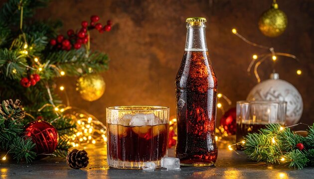 Festive composition with a bottle and glass of cola with ice on a dark background, decorated with fir branches with red berries, pine cones and Christmas balls in gold and red tones.
